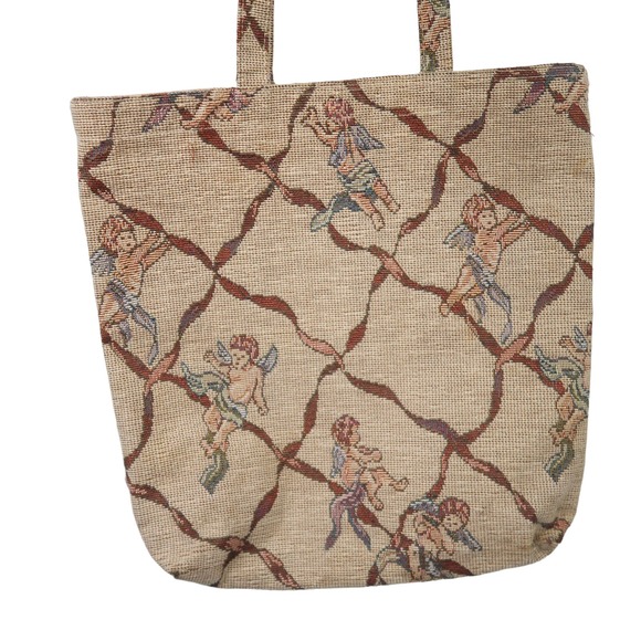 Vintage 90s tan cherub print tapestry tote bag purse - Picture 2 of 7